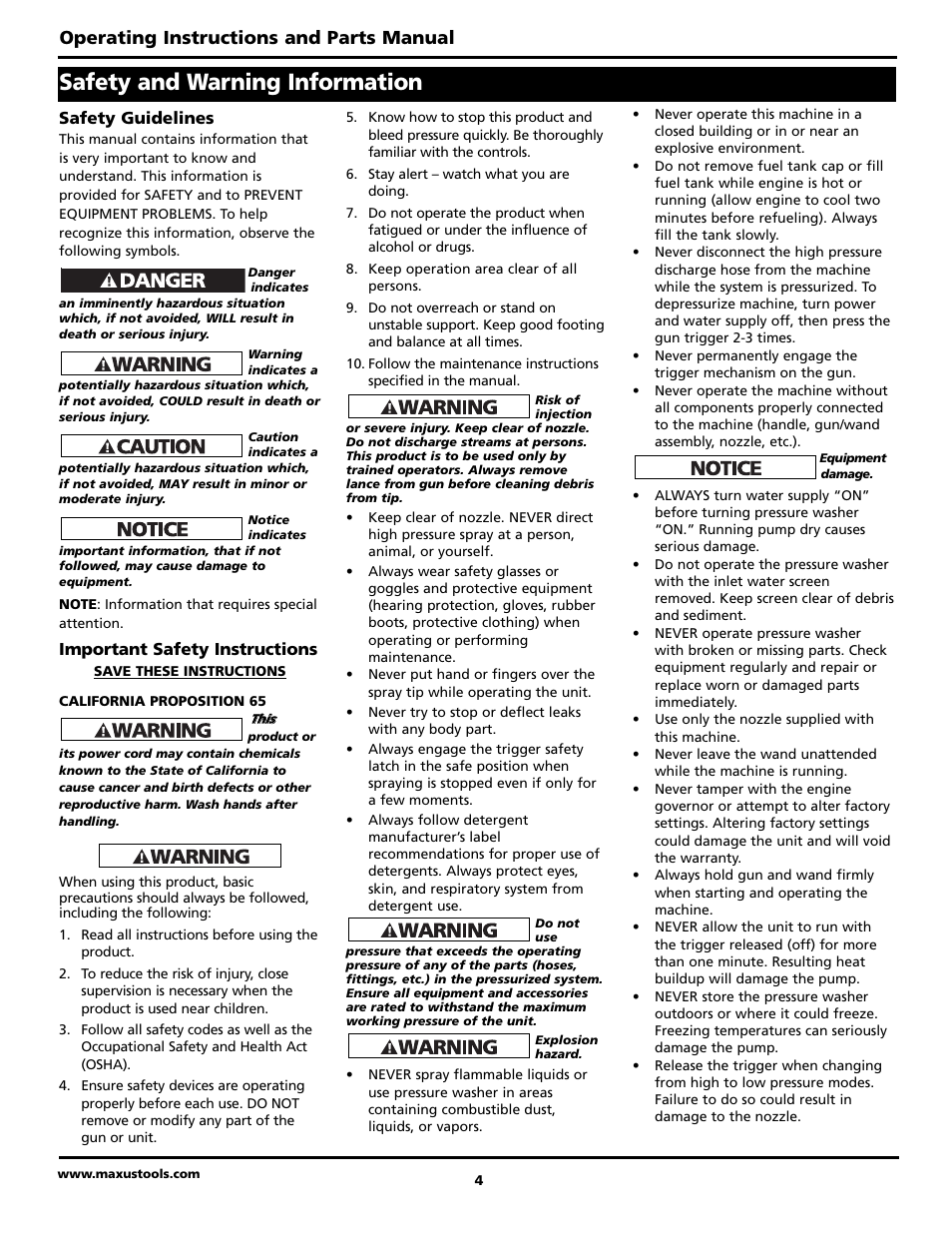 Safety and warning information, Operating instructions and parts manual | Maxus MX5223 User Manual | Page 4 / 28