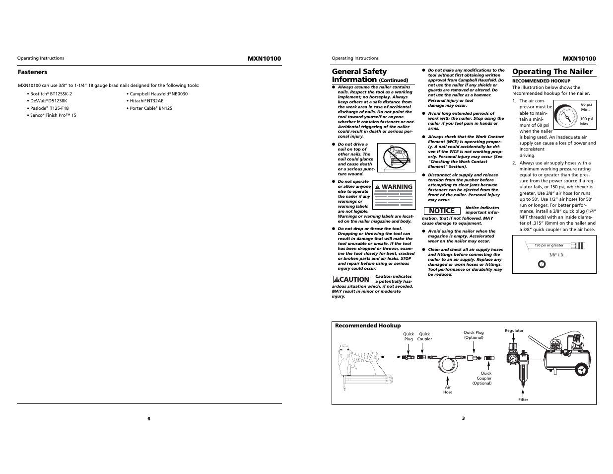 General safety information, Operating the nailer, Notice | Caution | Maxus MXN10100 User Manual | Page 3 / 4