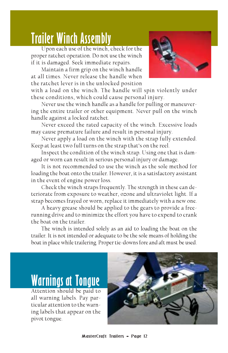Trailer winch assembly, Warnings at tongue | MasterCraft Trailer User Manual | Page 13 / 33
