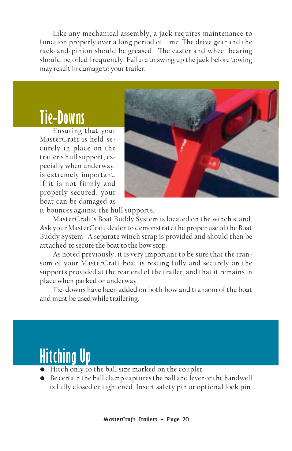 Tie-downs, Hitching up | MasterCraft Trailer User Manual | Page 21 / 33