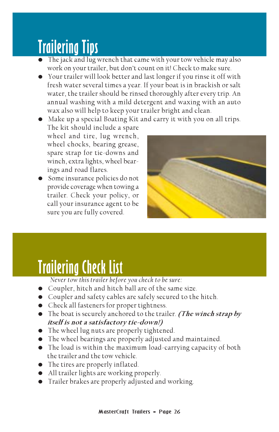 Trailering tips, Trailering check list | MasterCraft Trailer User Manual | Page 27 / 33