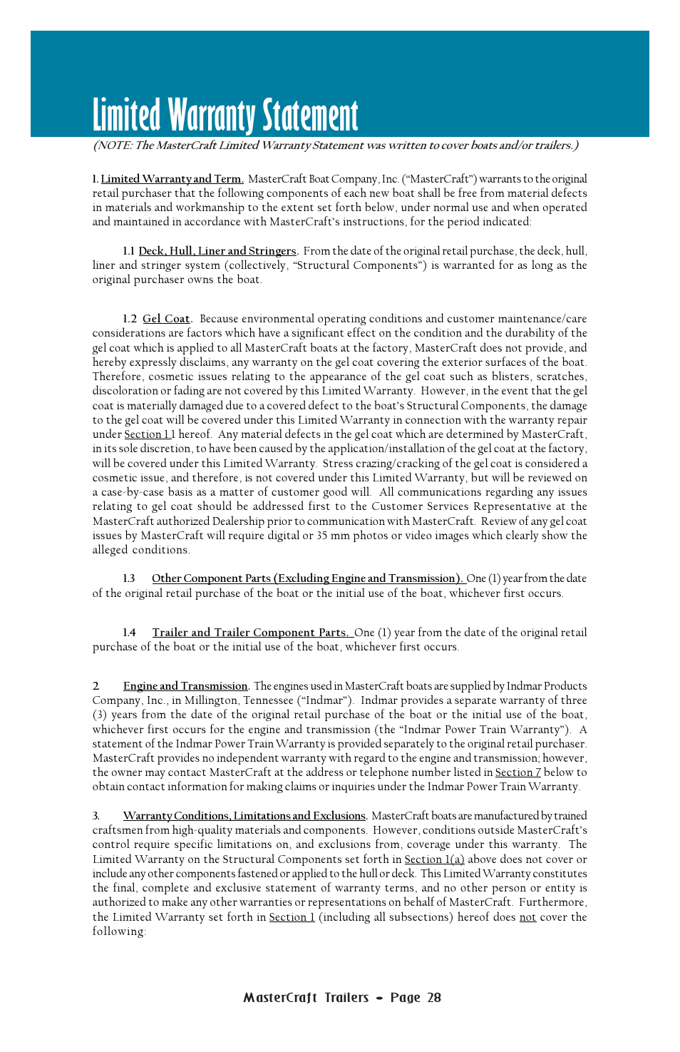 Limited warranty statement | MasterCraft Trailer User Manual | Page 29 / 33