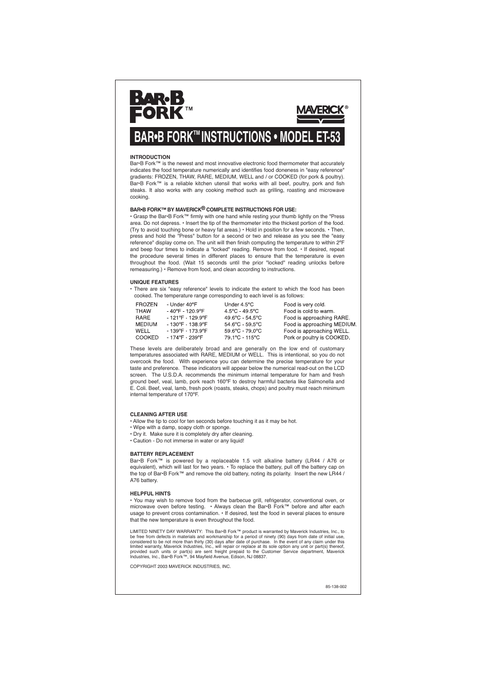 Maverick Ventures ET-53 User Manual | 1 page