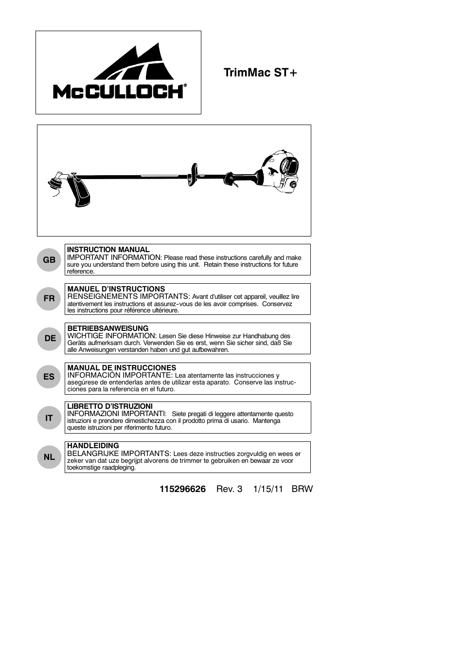 McCulloch TRIM MAC ST+ 115296626 User Manual | 12 pages