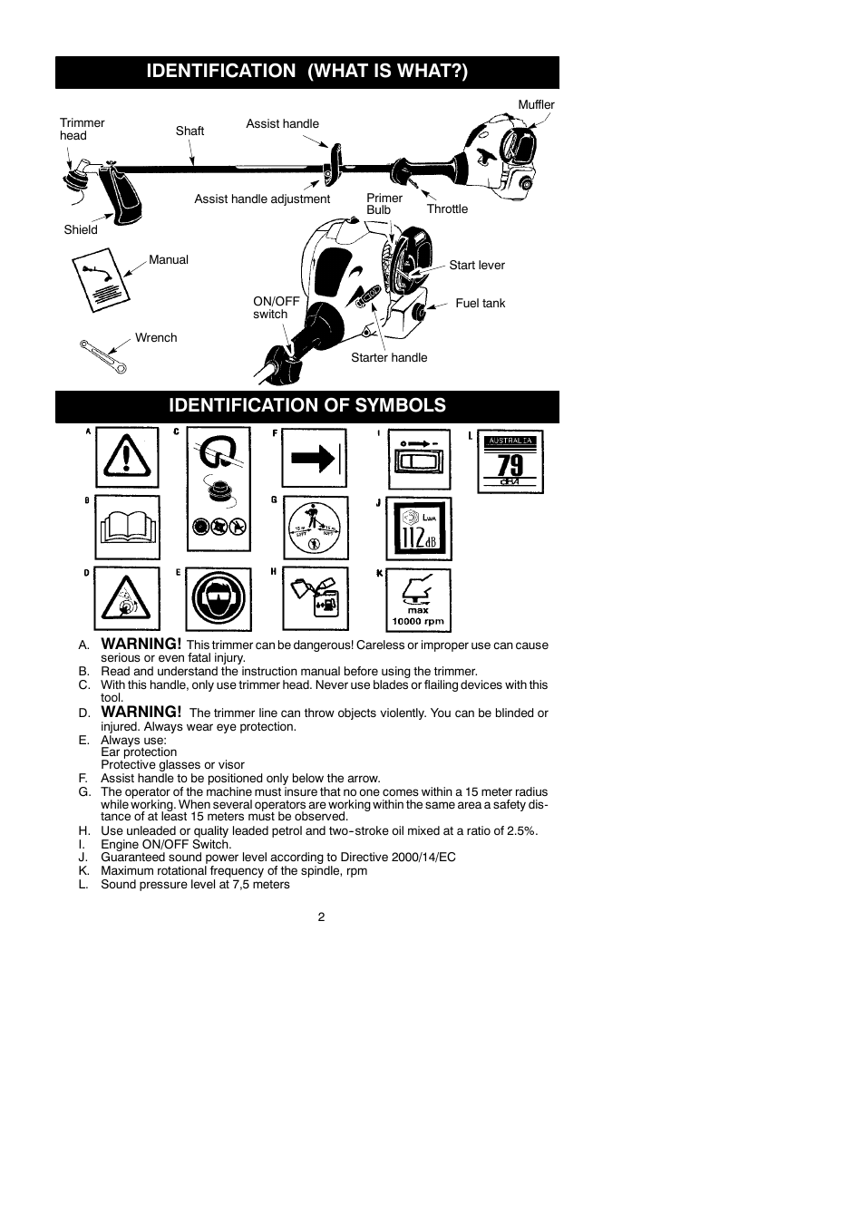 Identification (what is what?), Identification of symbols, Warning | McCulloch TRIM MAC ST+ 115296626 User Manual | Page 2 / 12