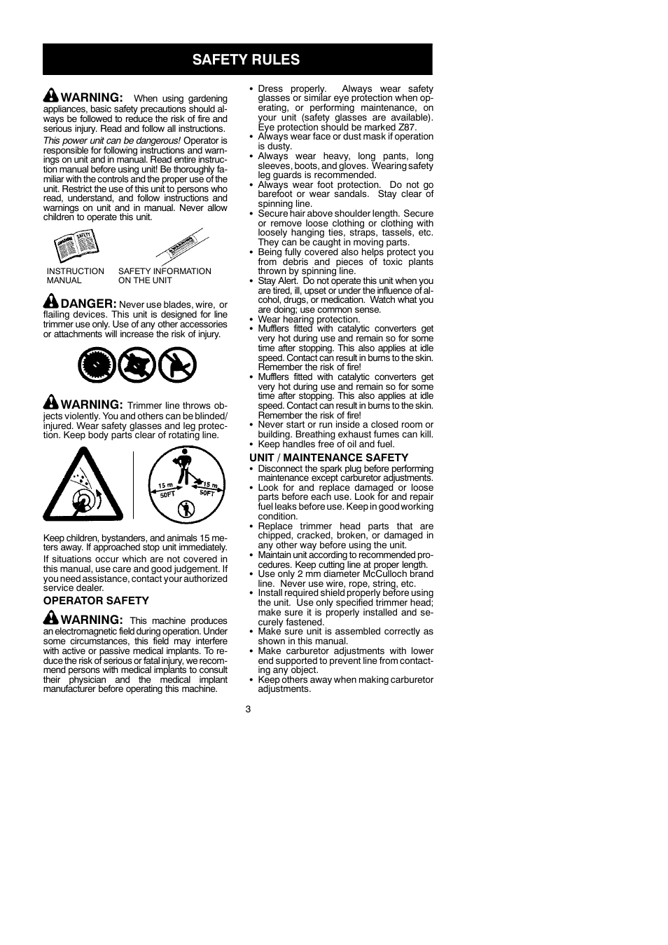 Safety rules, Warning, Danger | McCulloch TRIM MAC ST+ 115296626 User Manual | Page 3 / 12
