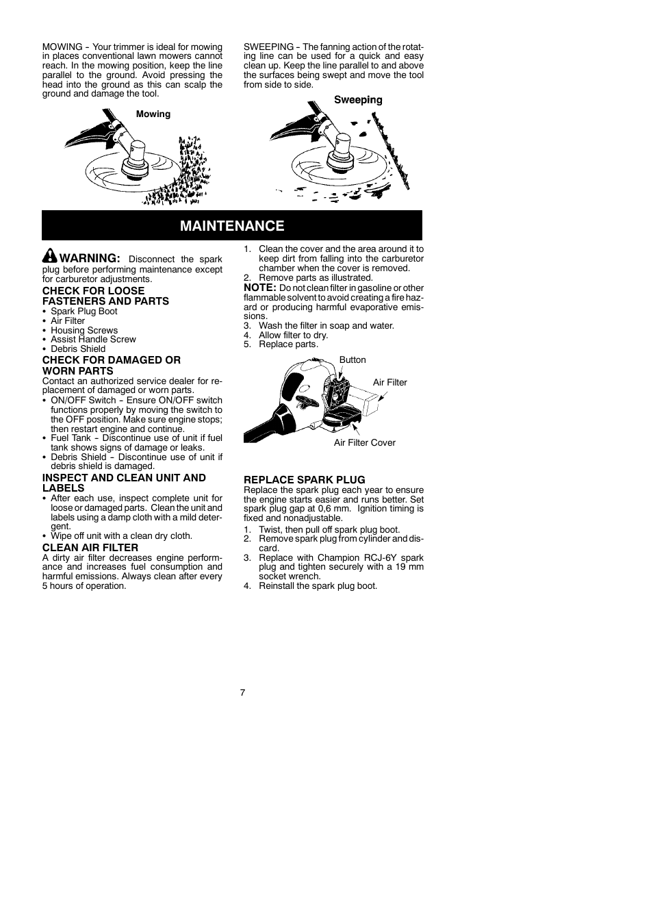 Maintenance, Warning | McCulloch TRIM MAC ST+ 115296626 User Manual | Page 7 / 12