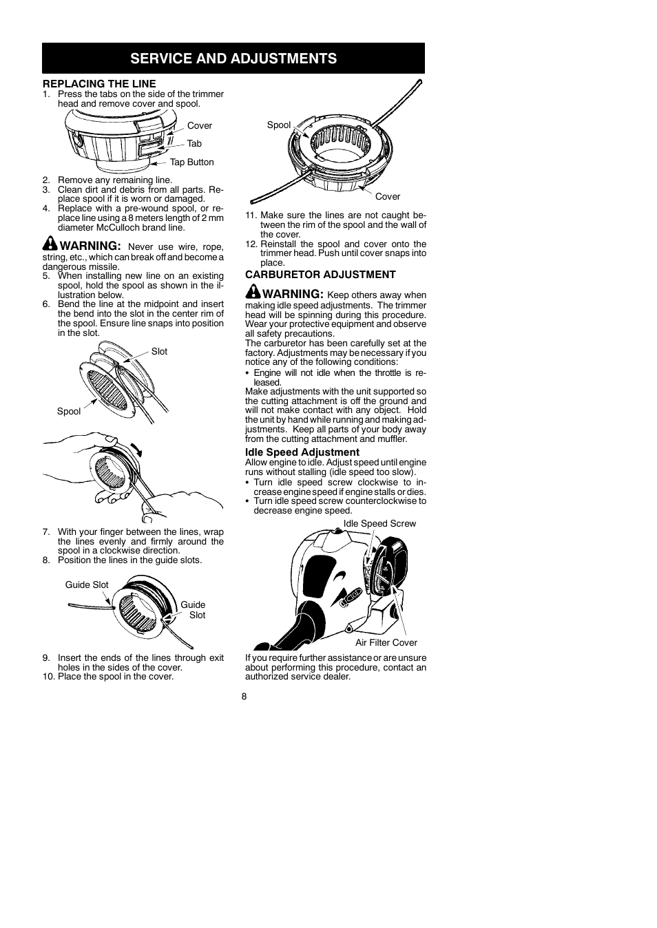 Service and adjustments, Warning | McCulloch TRIM MAC ST+ 115296626 User Manual | Page 8 / 12