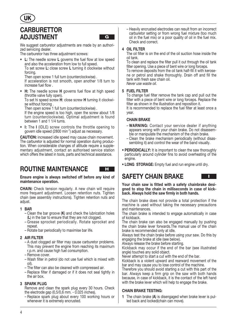 Carburettor adjustment, Routine maintenance, Safety chain brake | McCulloch Promac 46 II - 46 cc User Manual | Page 11 / 14