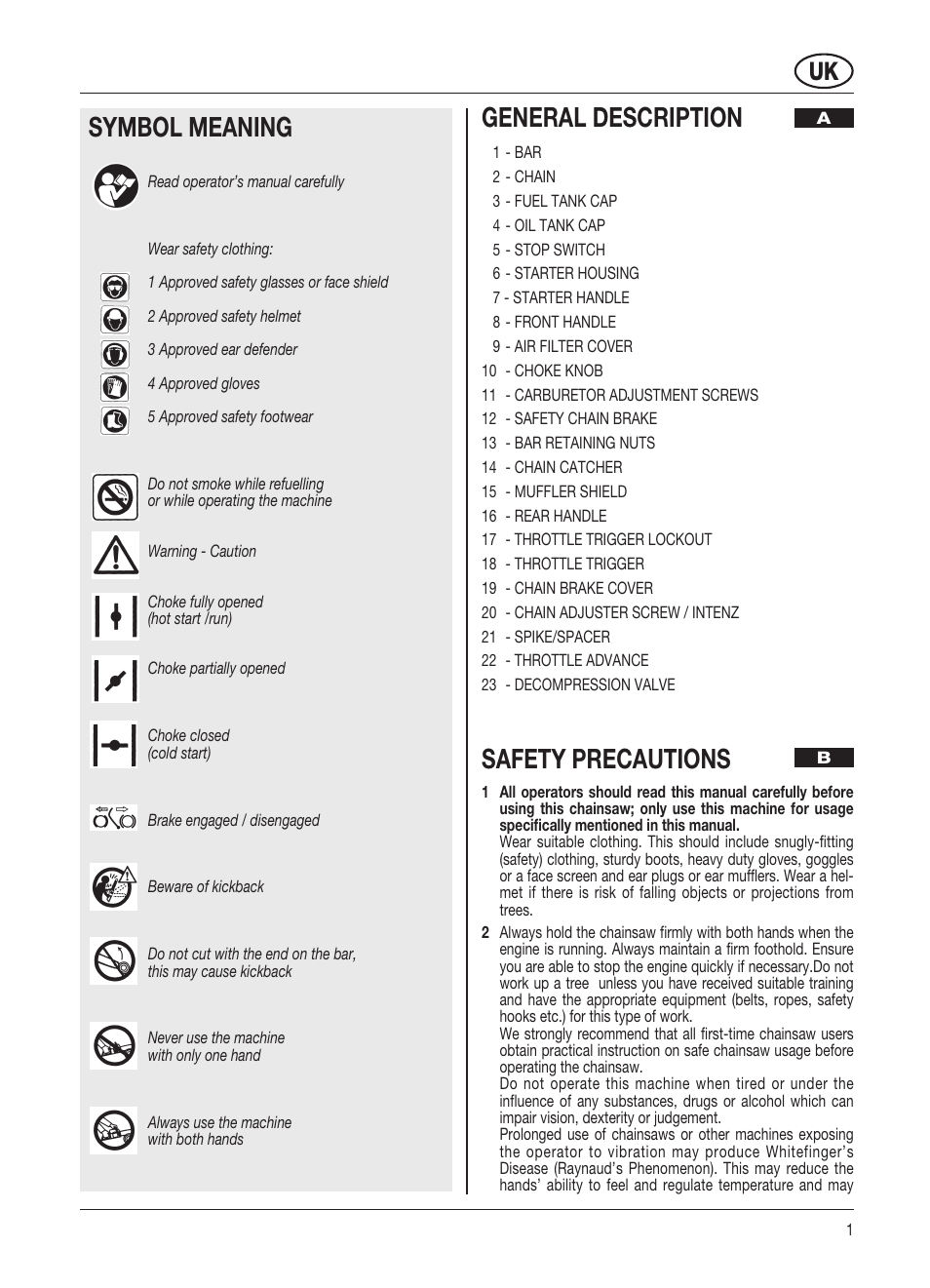 General description, Safety precautions, Symbol meaning | McCulloch Promac 46 II - 46 cc User Manual | Page 8 / 14
