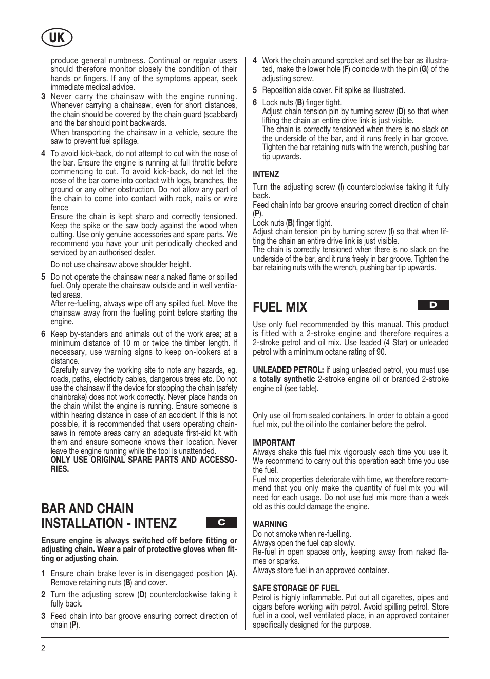 Bar and chain installation - intenz, Fuel mix | McCulloch Promac 46 II - 46 cc User Manual | Page 9 / 14