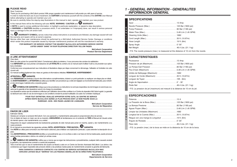 Specifications, Caracteristiques, Especificaciones | McCulloch 7096180A25 User Manual | Page 2 / 10