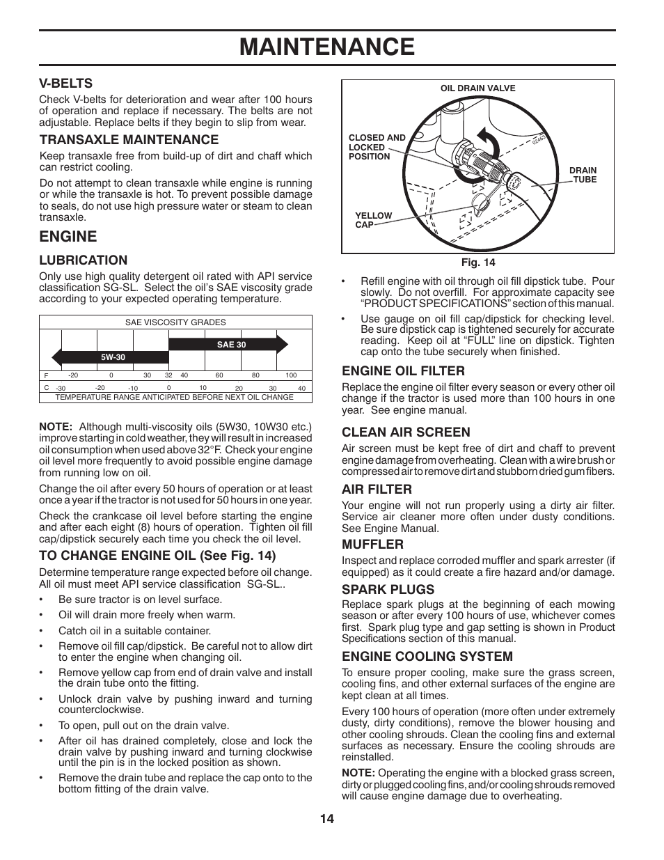 Maintenance, Engine, Air filter | Muffler, Spark plugs, Clean air screen, Transaxle maintenance, V-belts, Lubrication, Engine oil filter | McCulloch MC2042YT (96042011500) User Manual | Page 14 / 26