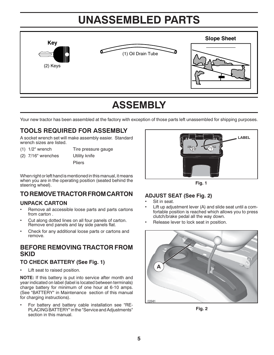 Assembly, Unassembled parts, Tools required for assembly | Before removing tractor from skid | McCulloch MC2042YT (96042011500) User Manual | Page 5 / 26