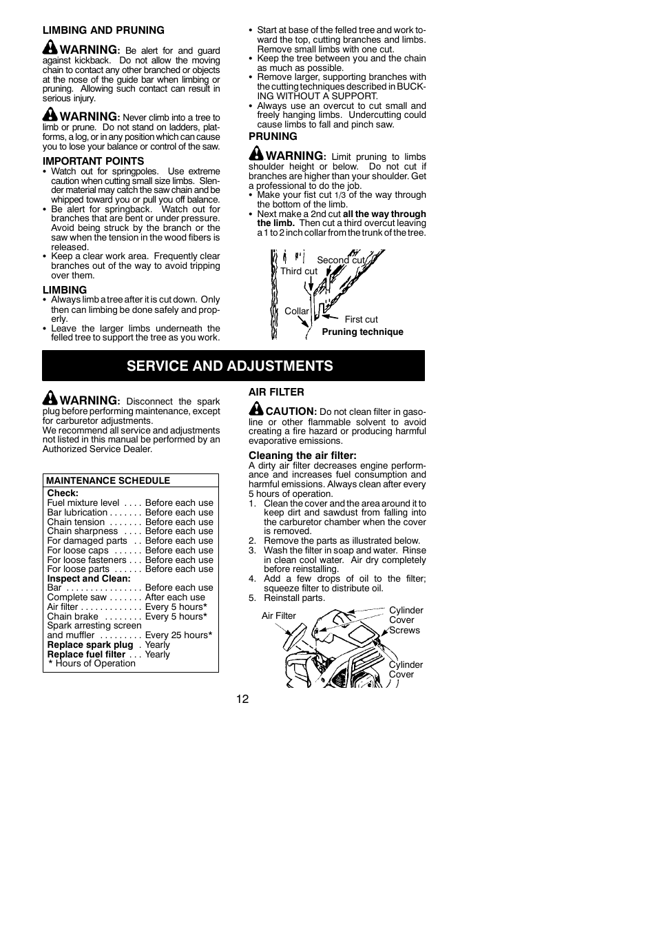 Service and adjustments, Warning | McCulloch M3616 User Manual | Page 12 / 16