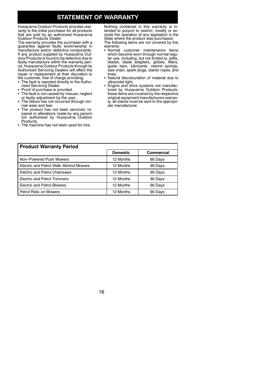 Statement of warranty, Product warranty period | McCulloch M3616 User Manual | Page 16 / 16