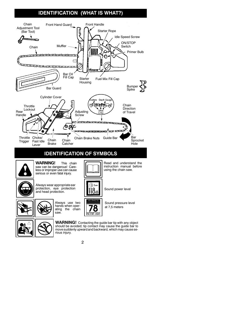 Identification (what is what?), Identification of symbols, Warning | McCulloch M3616 User Manual | Page 2 / 16