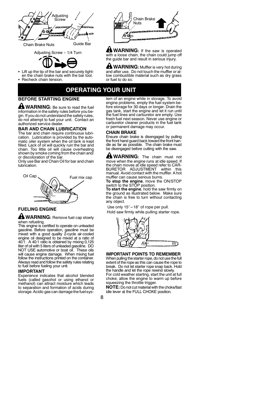 Operating your unit, Warning | McCulloch M3616 User Manual | Page 8 / 16