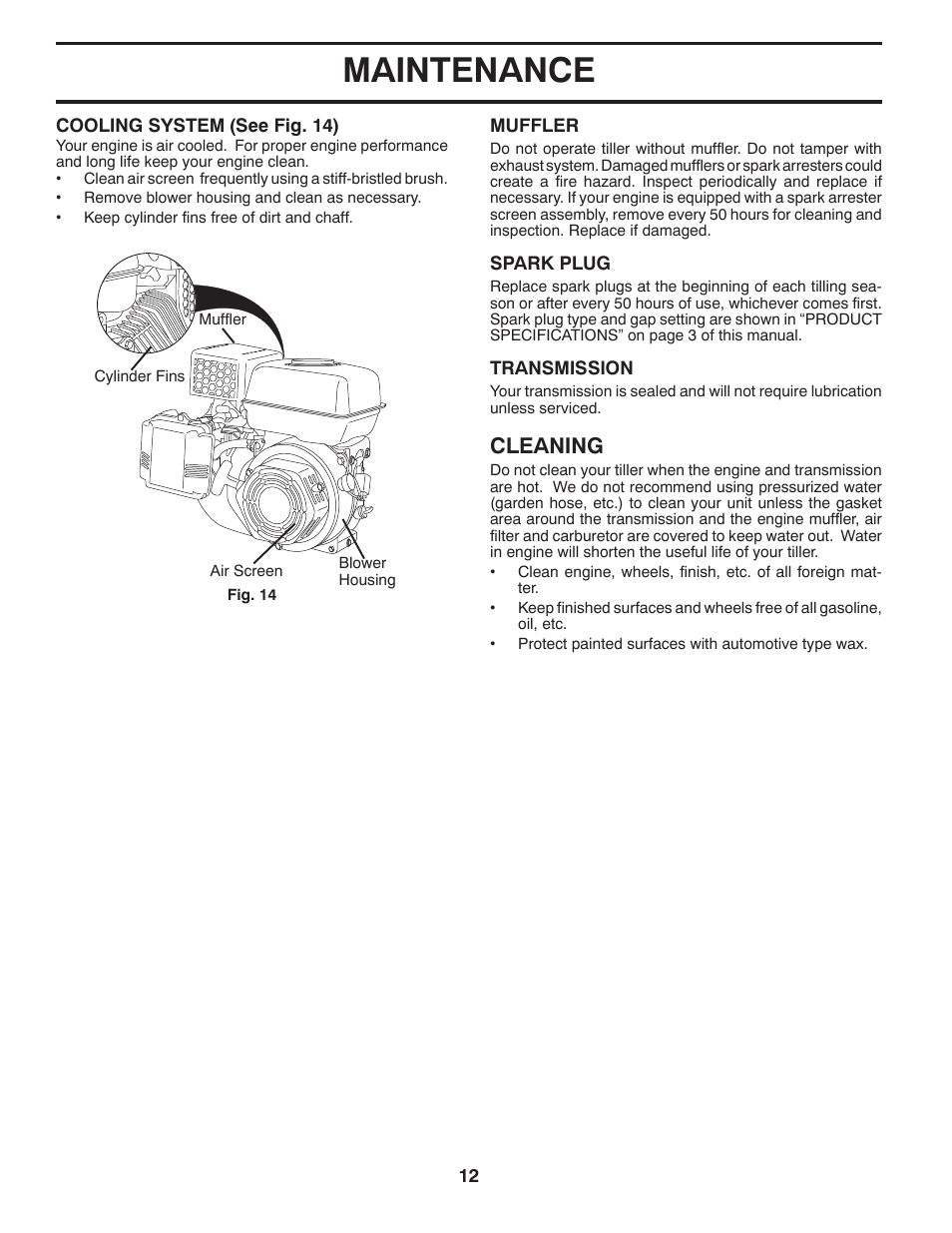 Maintenance, Cleaning | McCulloch 96083000400 User Manual | Page 12 / 20