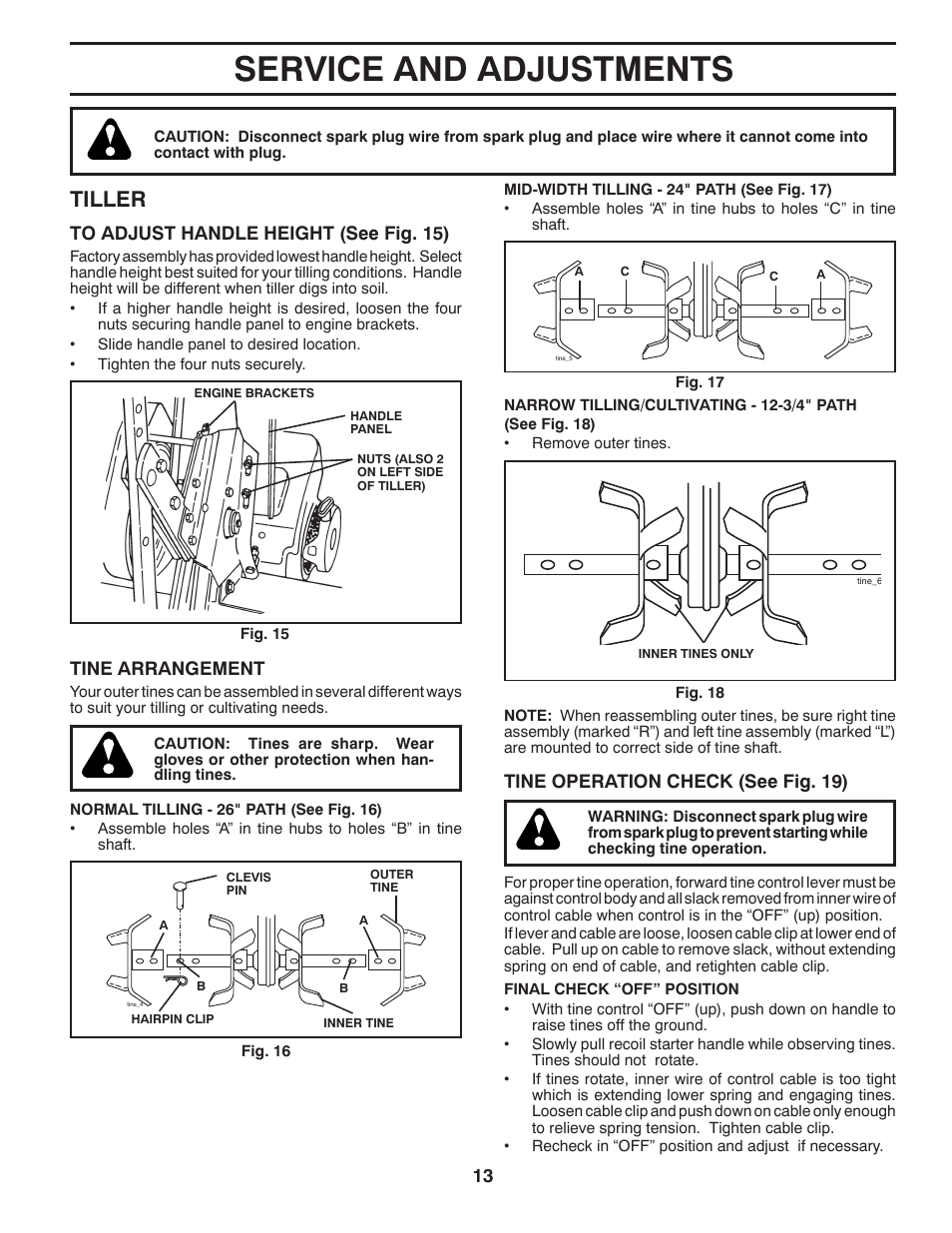 Service and adjustments, Tiller, Tine arrangement | Tine operation check (see fig. 19) | McCulloch 96083000400 User Manual | Page 13 / 20