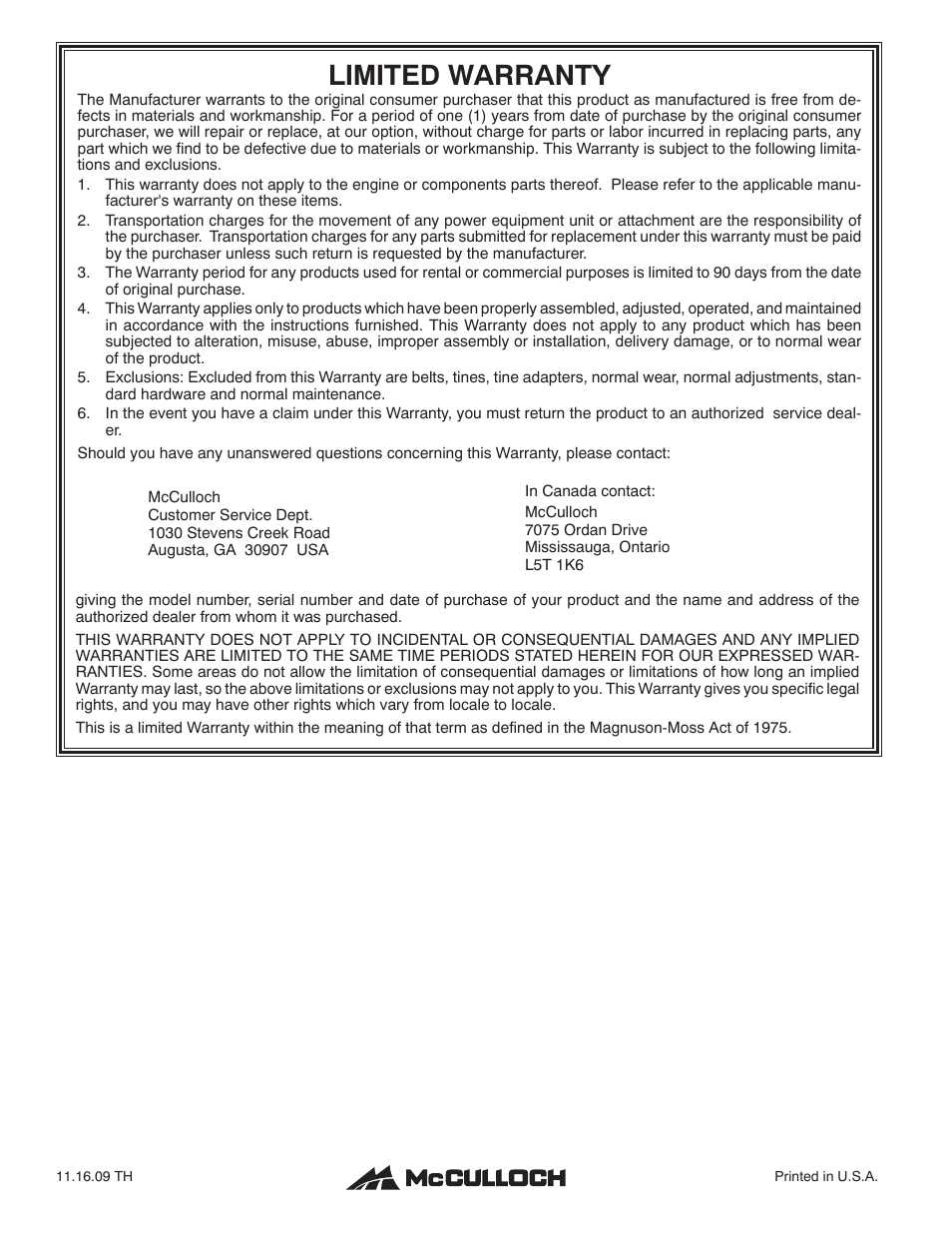 Warranty, Limited warranty | McCulloch 96083000400 User Manual | Page 20 / 20