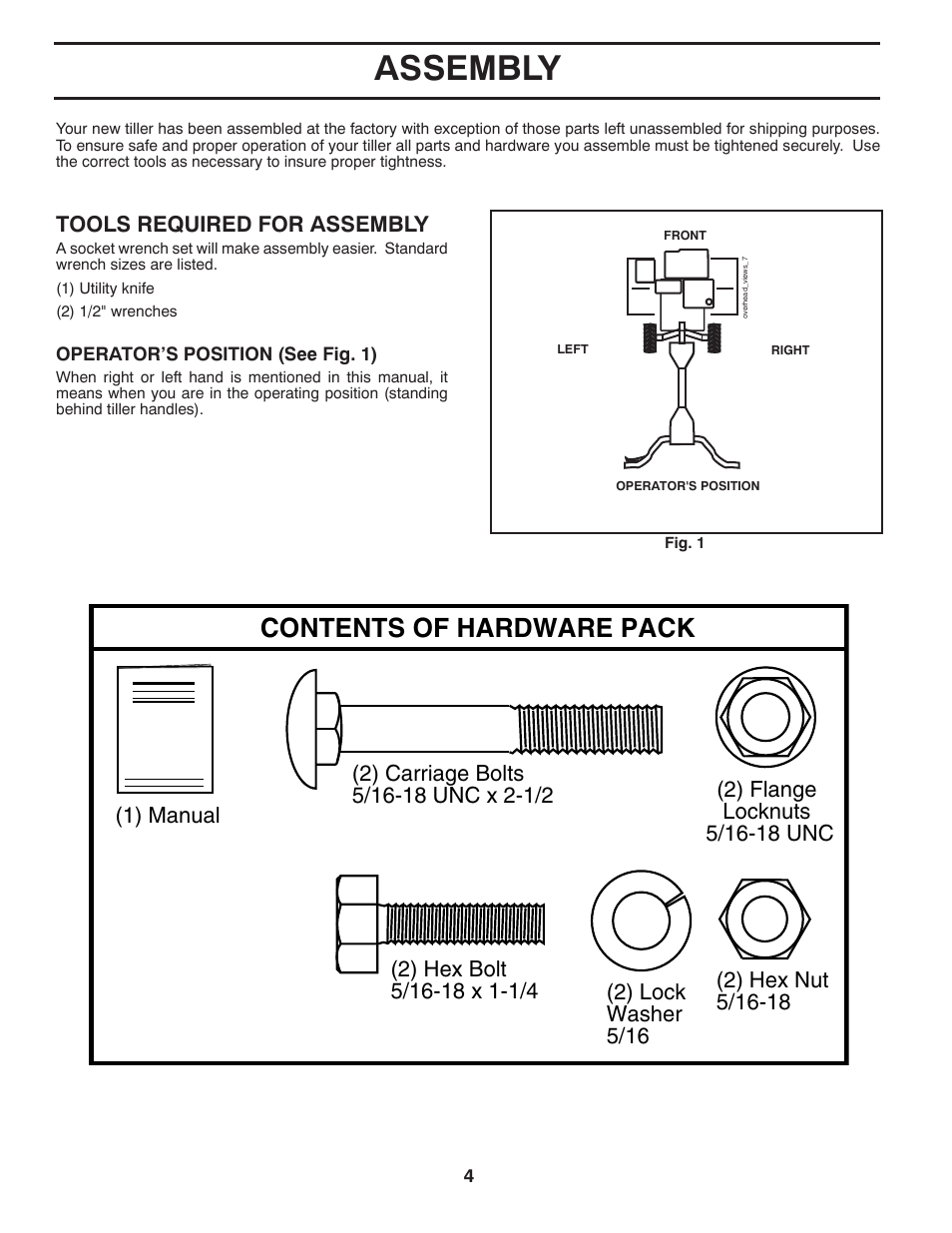 Assembly, Contents of hardware pack, 1) manual (1) bottle engine oil | McCulloch 96083000400 User Manual | Page 4 / 20