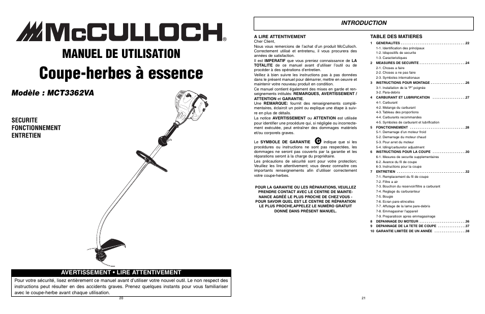 Coupe-herbes à essence, Manuel de utilisation, Modèle : mct3362va | Securite fonctionnement entretien, Avertissement • lire attentivement, Introduction | McCulloch 9096336202 User Manual | Page 11 / 29