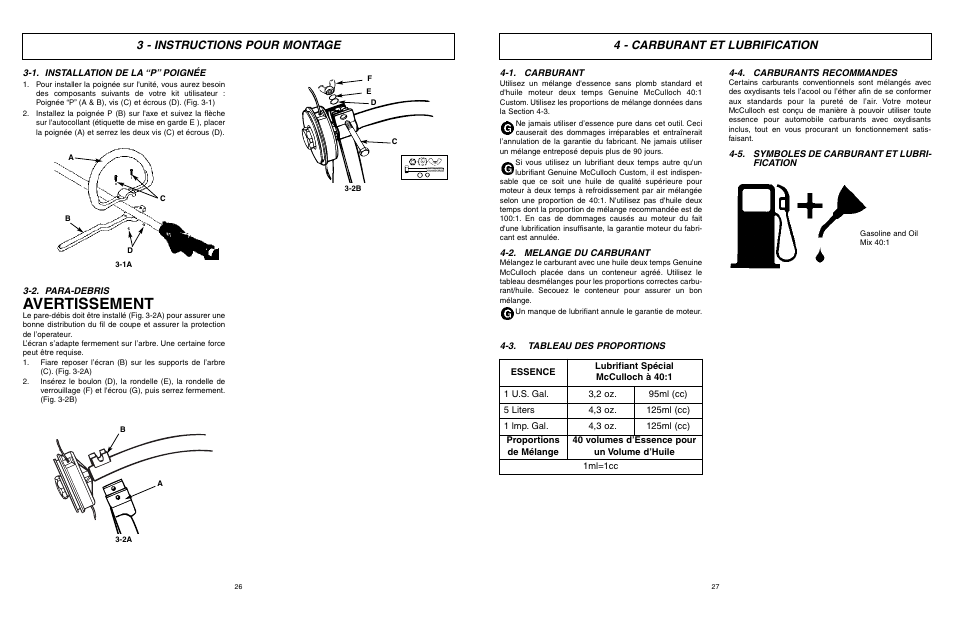 Avertissement, 3 - instructions pour montage, 4 - carburant et lubrification | McCulloch 9096336202 User Manual | Page 14 / 29