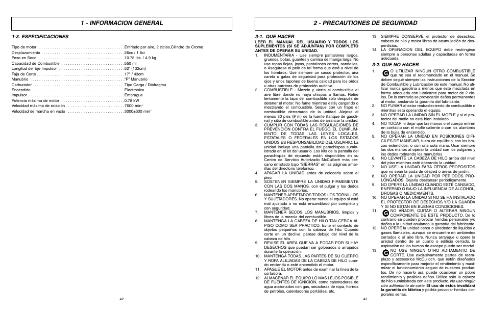 1 - informacion general, 2 - precautiones de seguridad | McCulloch 9096336202 User Manual | Page 22 / 29