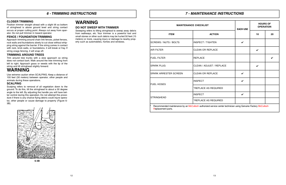 Warning, 6 - trimming instructions, 7 - maintenance instructions | McCulloch 9096336202 User Manual | Page 7 / 29