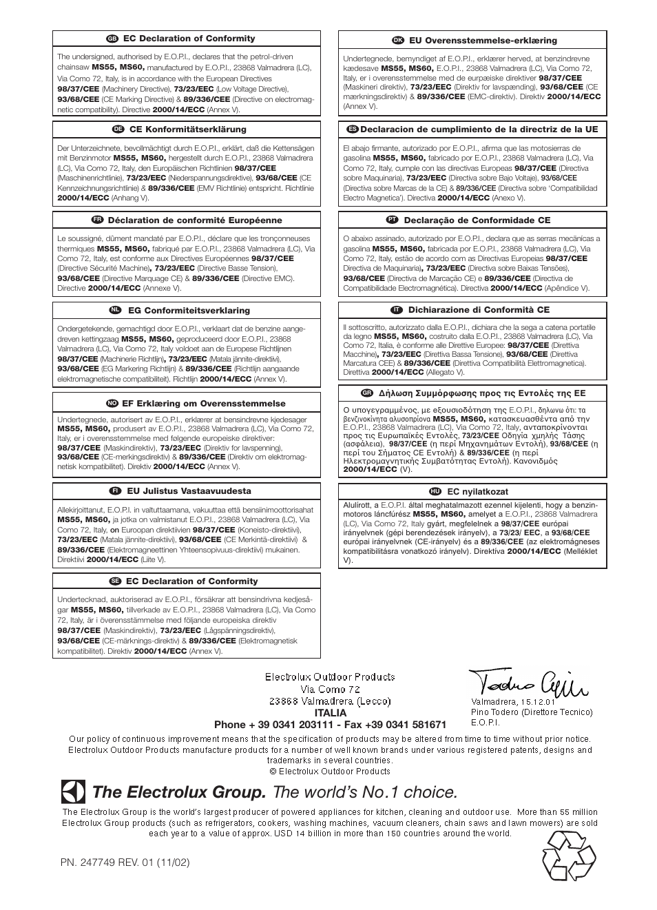 The electrolux group. the world’s no.1 choice | McCulloch PRO MAC 61 59CC User Manual | Page 13 / 13