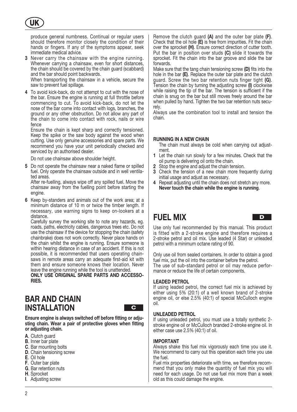 Bar and chain installation, Fuel mix | McCulloch PRO MAC 61 59CC User Manual | Page 9 / 13