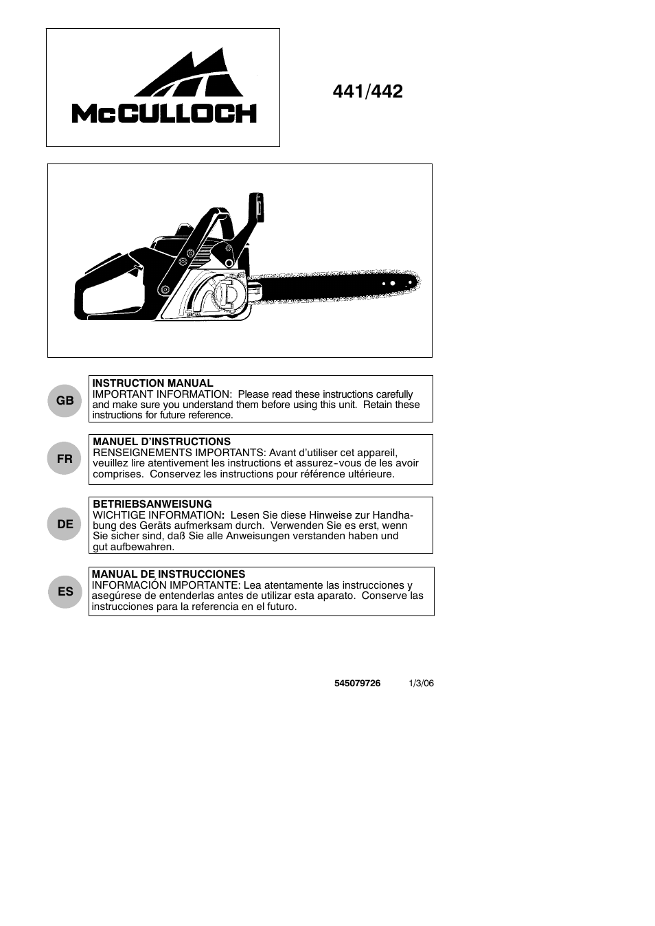 McCulloch 442 User Manual | 16 pages