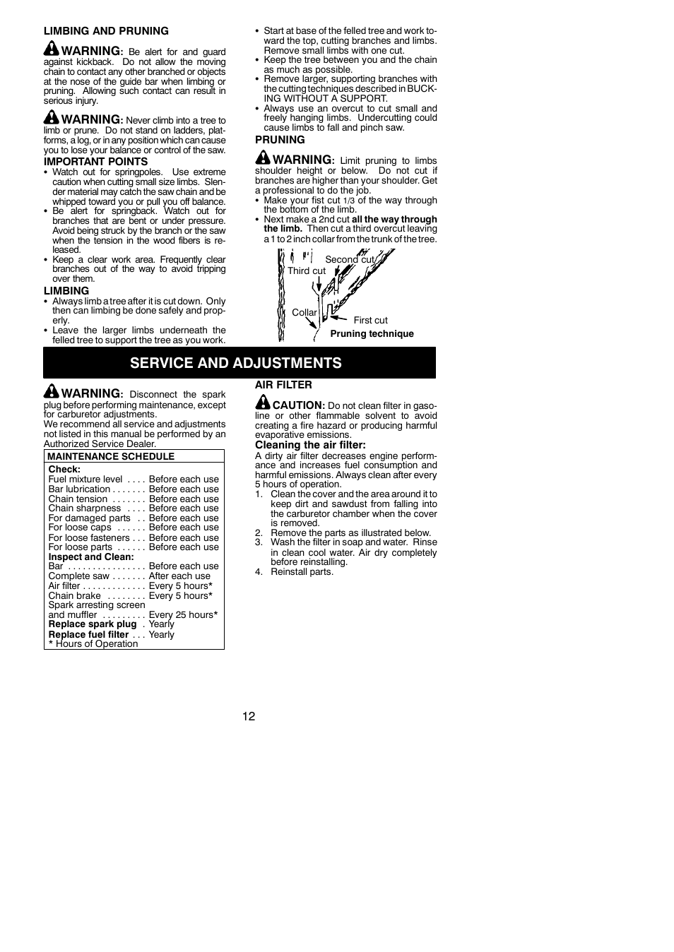 Service and adjustments, Warning | McCulloch 442 User Manual | Page 12 / 16
