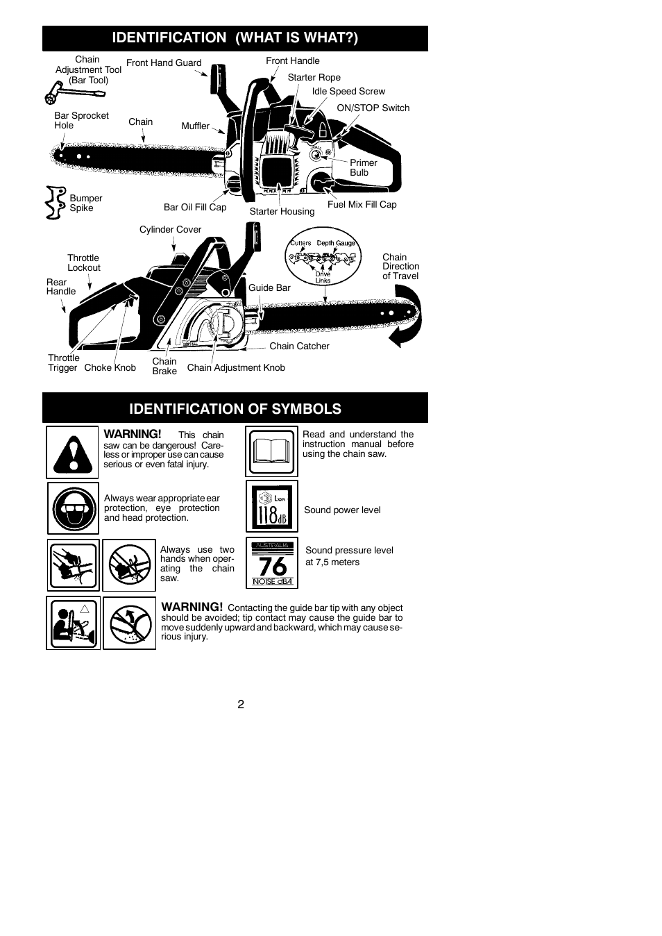 Identification (what is what?), Identification of symbols, Warning | McCulloch 442 User Manual | Page 2 / 16