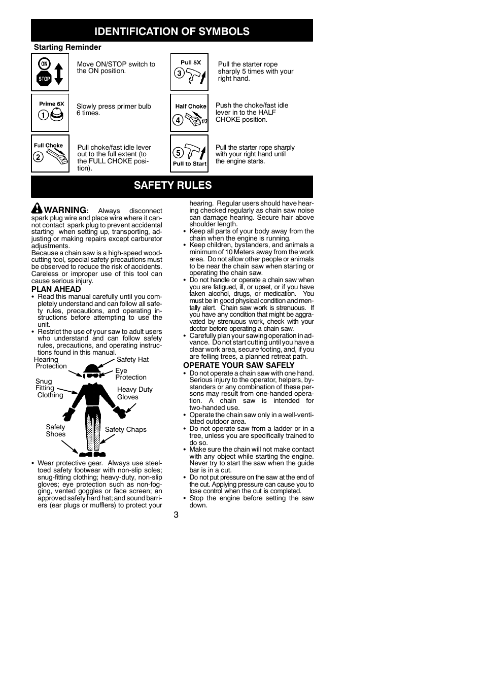 Safety rules, Identification of symbols, Warning | McCulloch 442 User Manual | Page 3 / 16