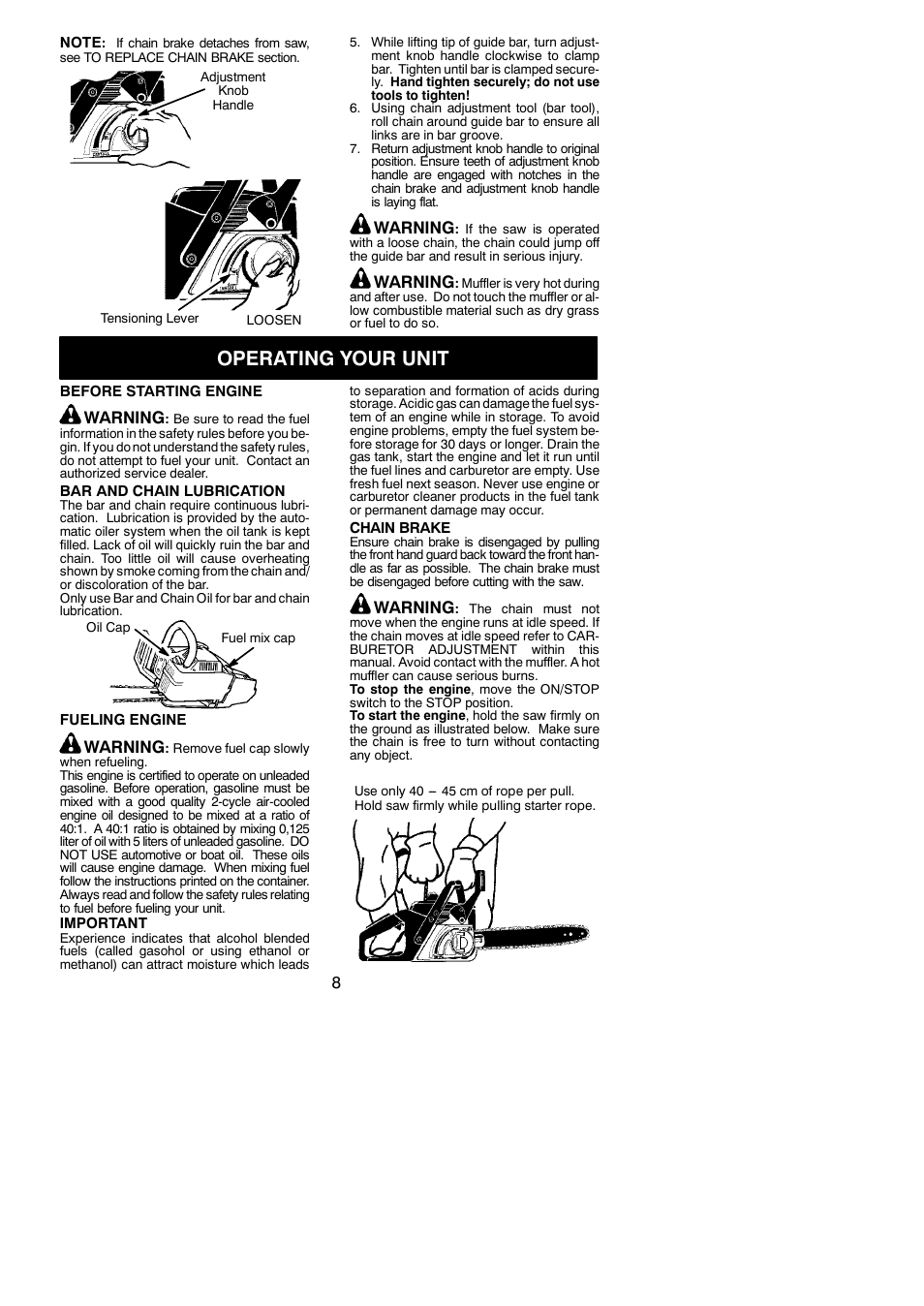 Operating your unit, Warning | McCulloch 442 User Manual | Page 8 / 16