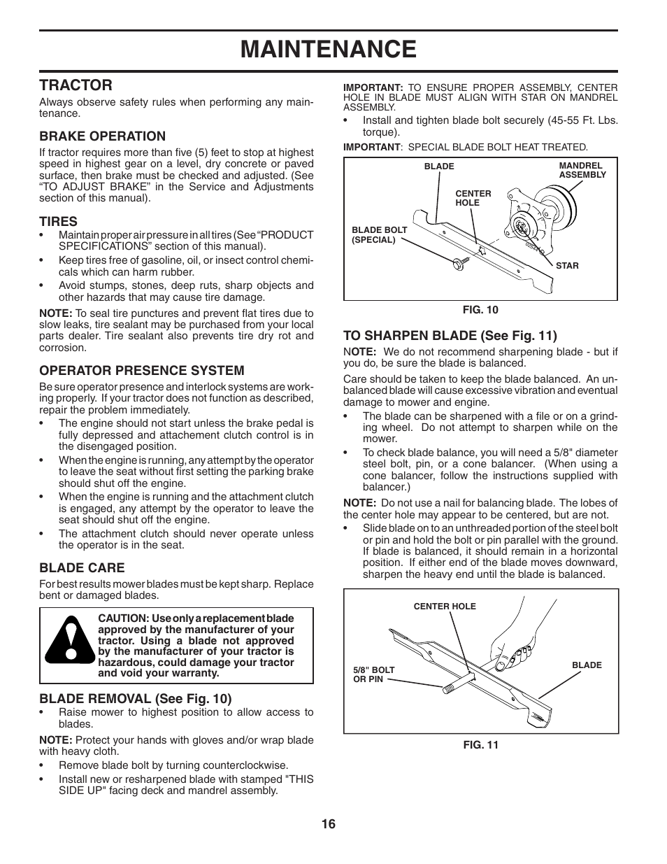 Maintenance, Tractor | McCulloch 96011013201 User Manual | Page 16 / 44