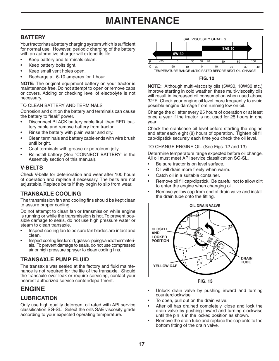 Maintenance, Engine, V-belts | Transaxle cooling, Transaxle pump fluid, Lubrication, Battery | McCulloch 96011013201 User Manual | Page 17 / 44