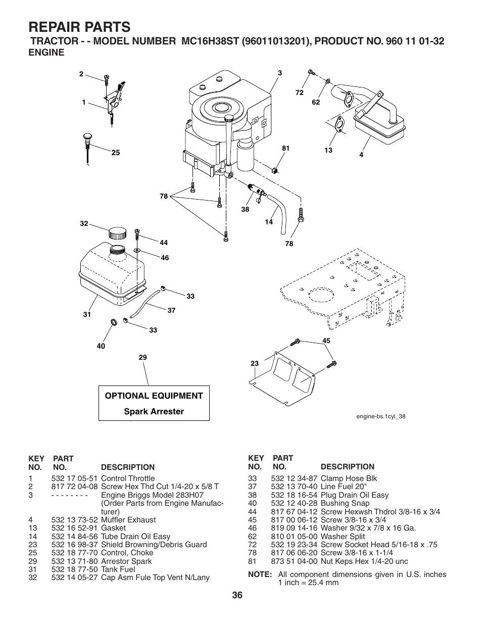 Repair parts, Engine | McCulloch 96011013201 User Manual | Page 36 / 44