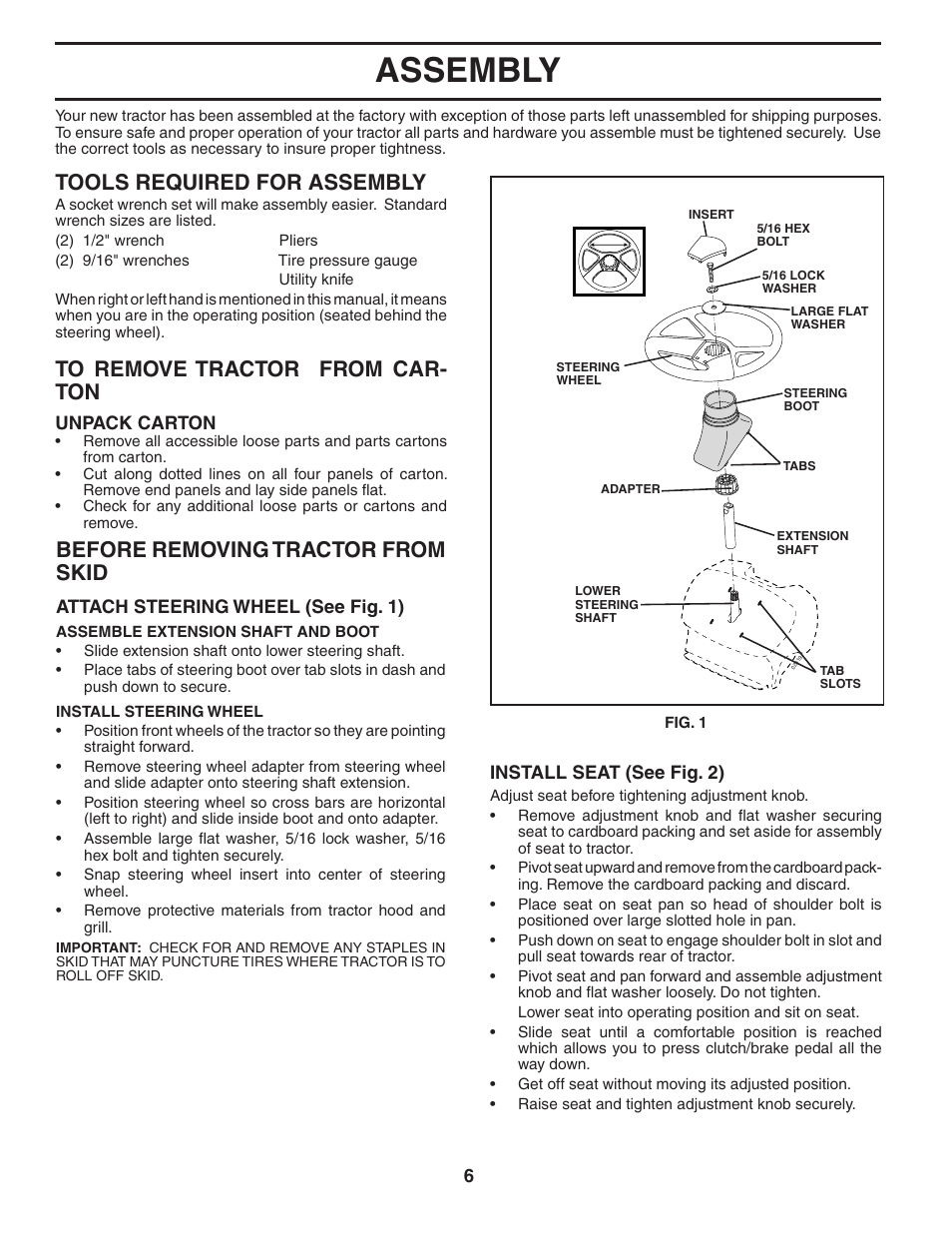Assembly, Tools required for assembly, Before removing tractor from skid | McCulloch 96011013201 User Manual | Page 6 / 44
