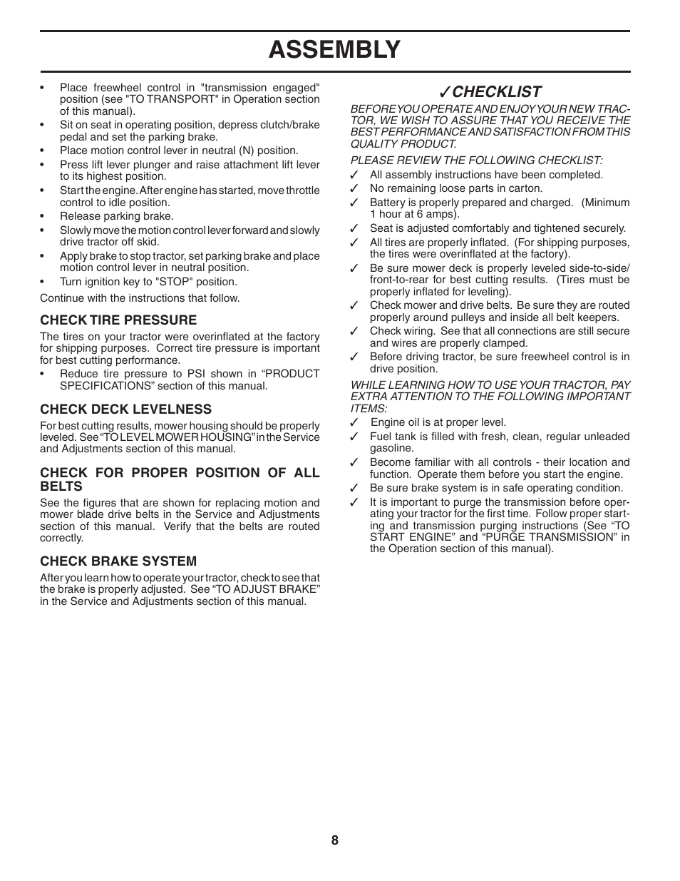 Assembly, Che cklist | McCulloch 96011013201 User Manual | Page 8 / 44
