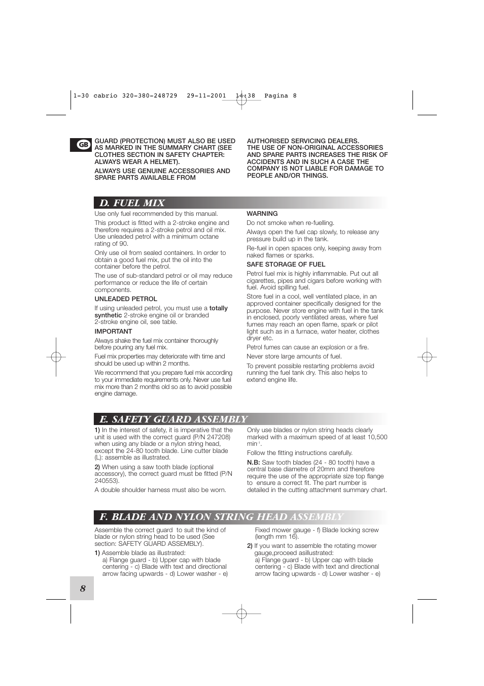 F. blade and nylon string head assembly, E. safety guard assembly, D. fuel mix | McCulloch Euromac D321/34cc User Manual | Page 14 / 96