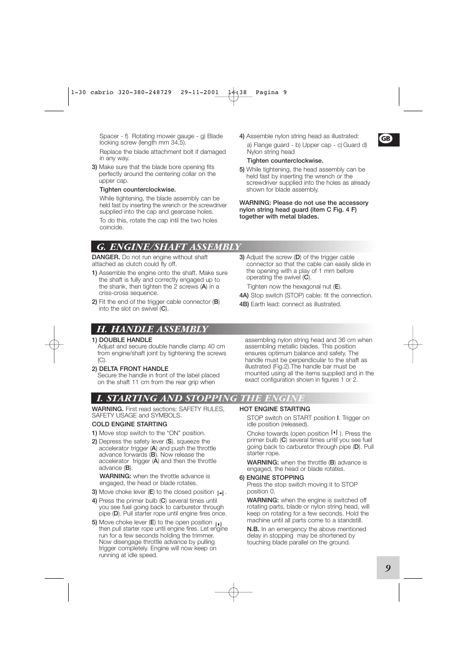 G. engine/shaft assembly, H. handle assembly, I. starting and stopping the engine | McCulloch Euromac D321/34cc User Manual | Page 15 / 96