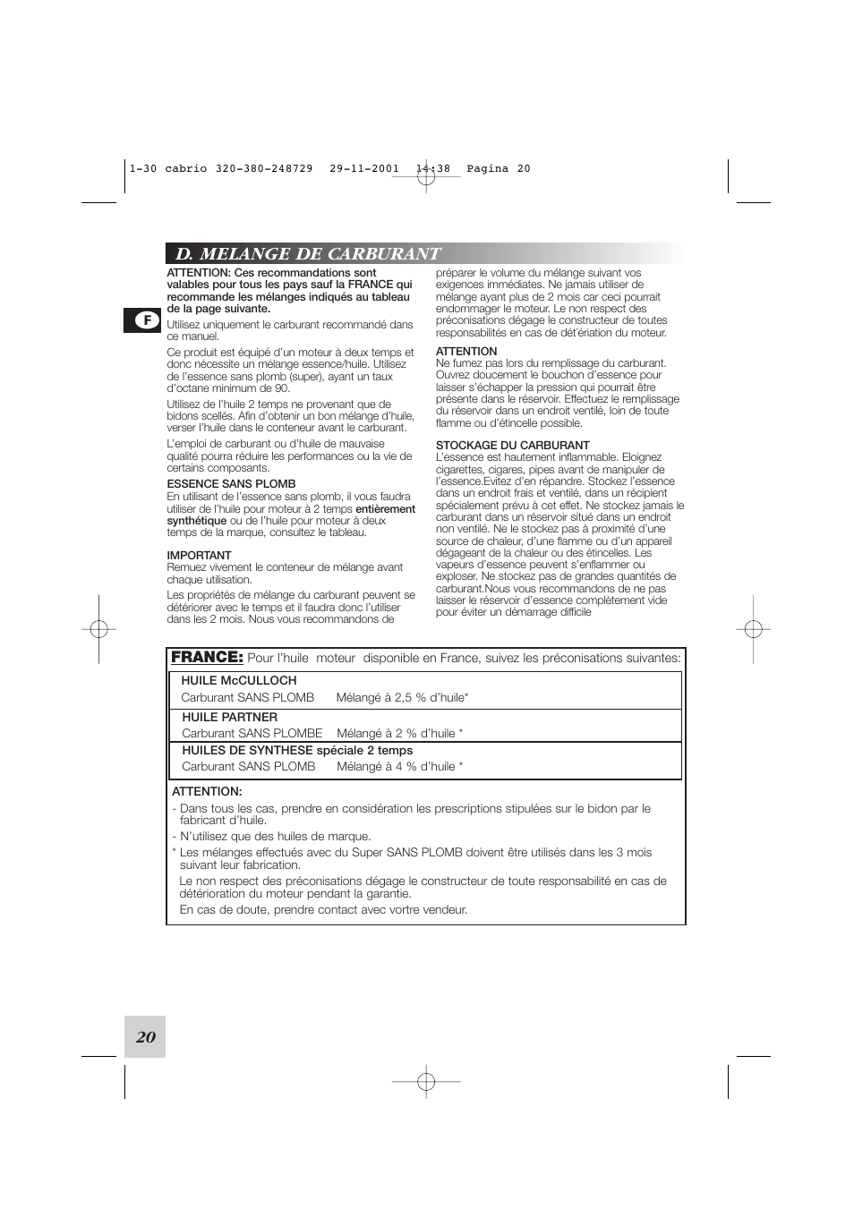 D. melange de carburant, France | McCulloch Euromac D321/34cc User Manual | Page 26 / 96