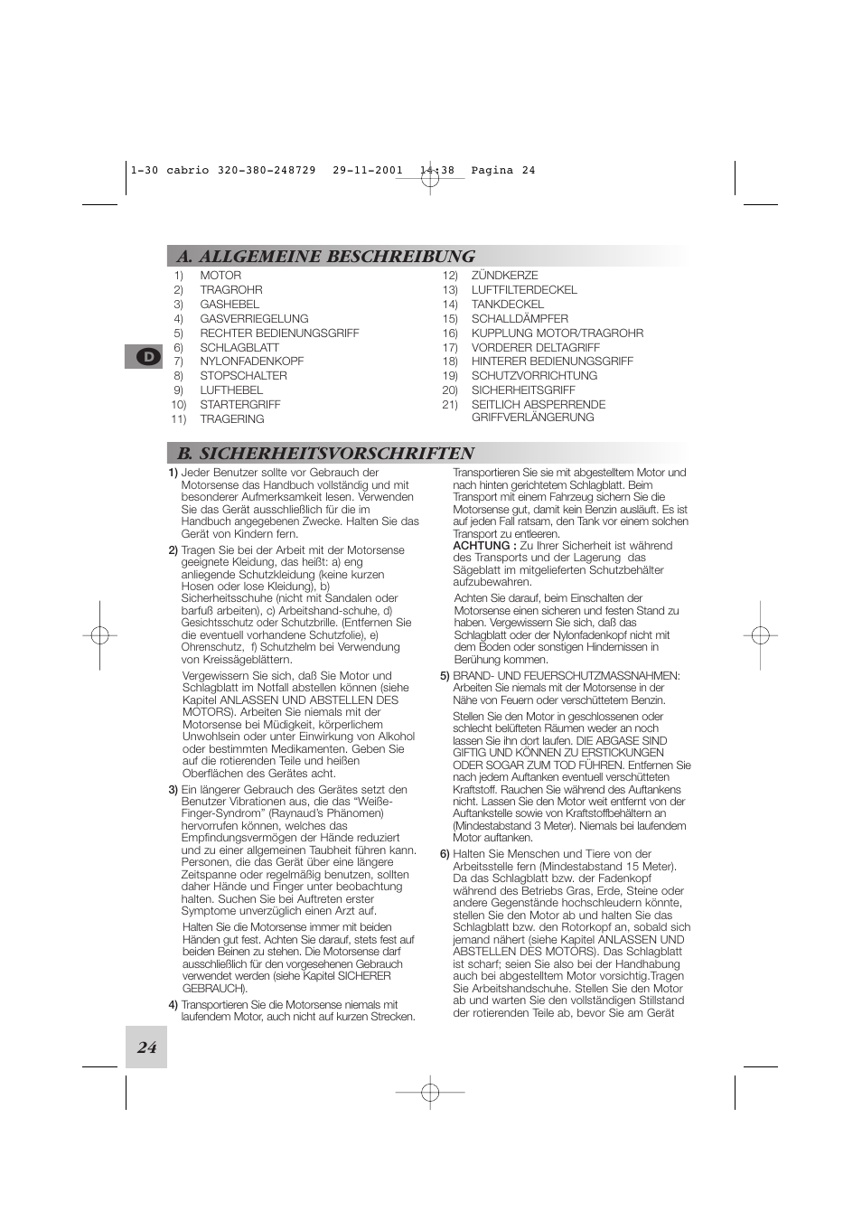 A. allgemeine beschreibung, B. sicherheitsvorschriften, 24 c | McCulloch Euromac D321/34cc User Manual | Page 30 / 96