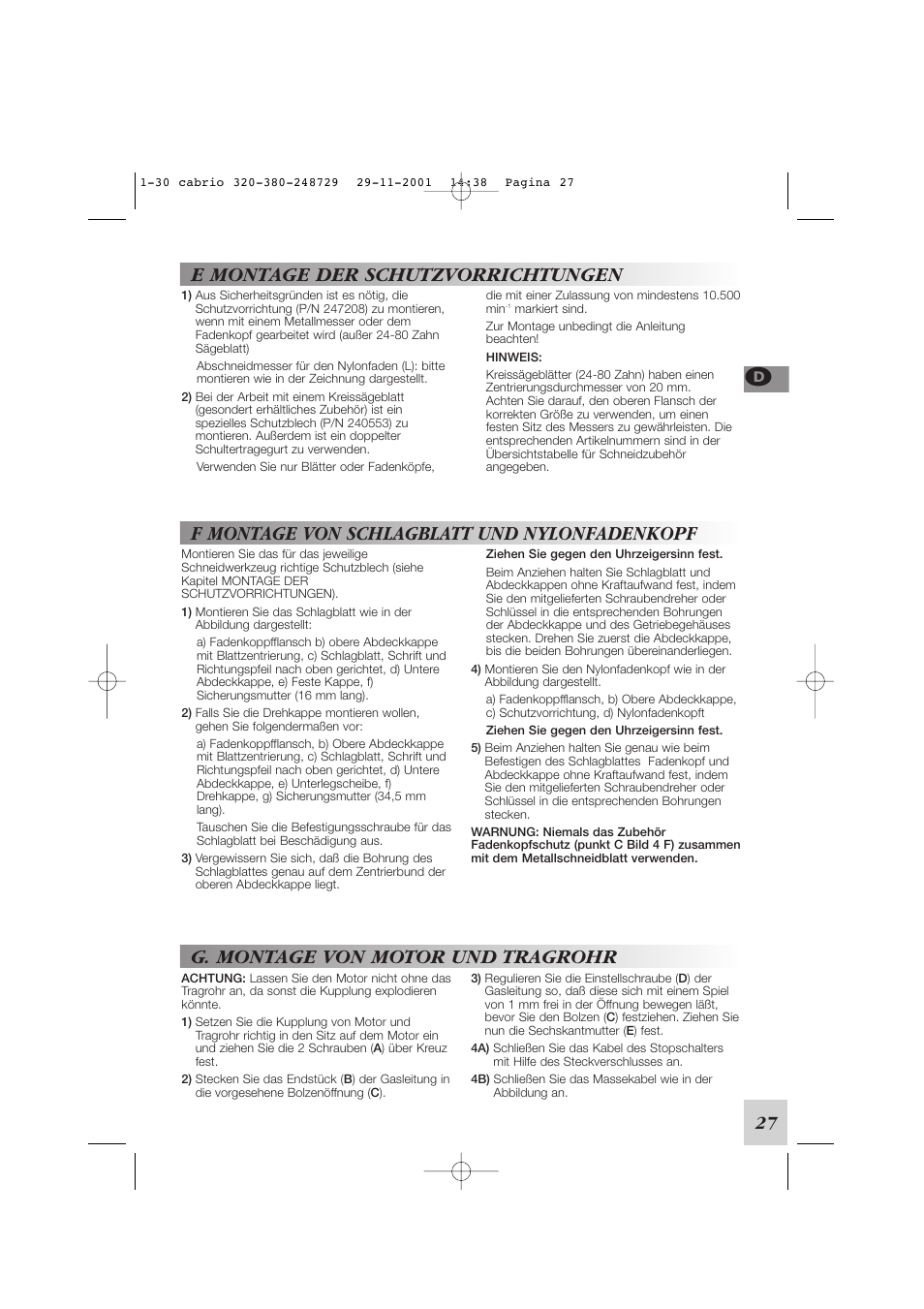 E montage der schutzvorrichtungen, F montage von schlagblatt und nylonfadenkopf, G. montage von motor und tragrohr | McCulloch Euromac D321/34cc User Manual | Page 33 / 96