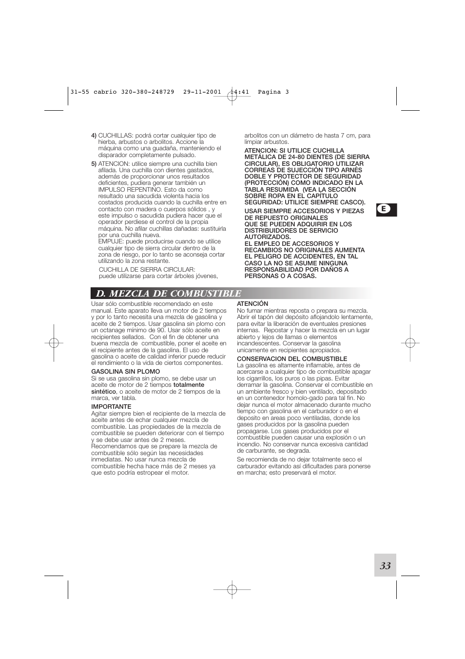 D. mezcla de combustible, 33 e | McCulloch Euromac D321/34cc User Manual | Page 39 / 96