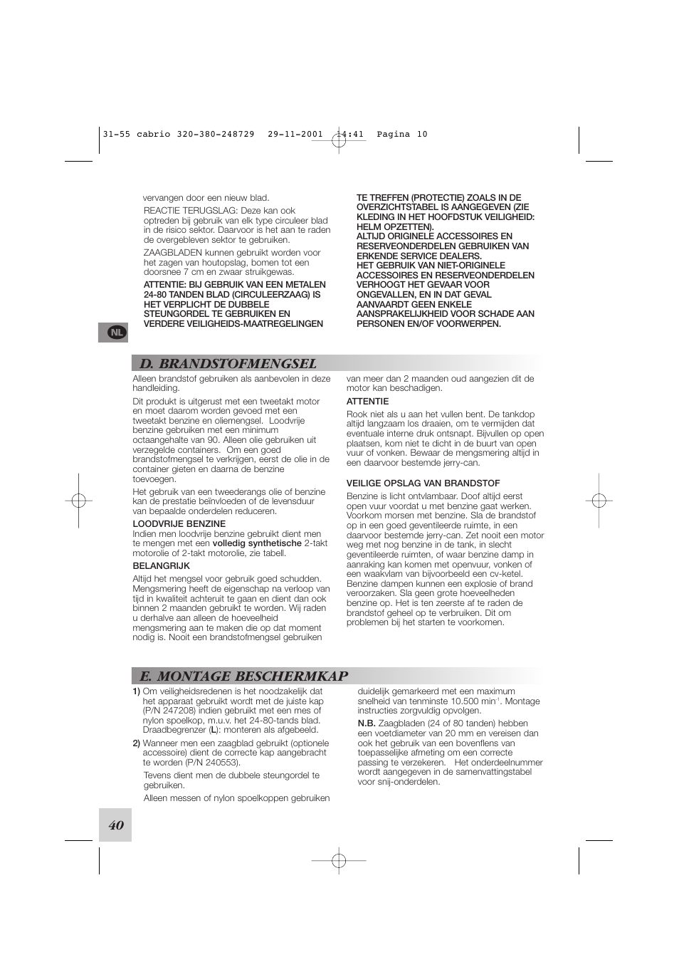 D. brandstofmengsel, E. montage beschermkap, 40 f | McCulloch Euromac D321/34cc User Manual | Page 46 / 96