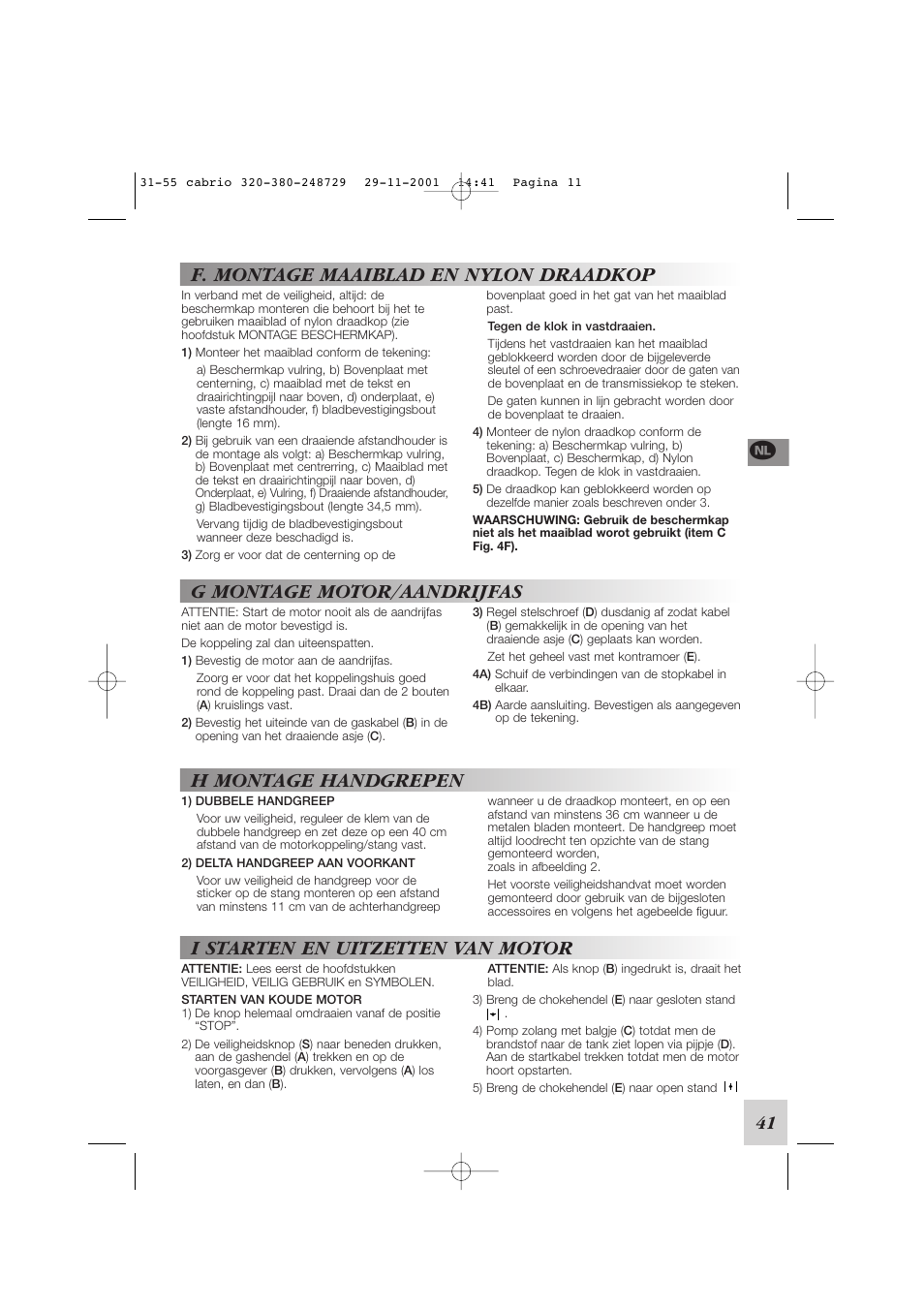 F. montage maaiblad en nylon draadkop, G montage motor/aandrijfas, 41 f | McCulloch Euromac D321/34cc User Manual | Page 47 / 96